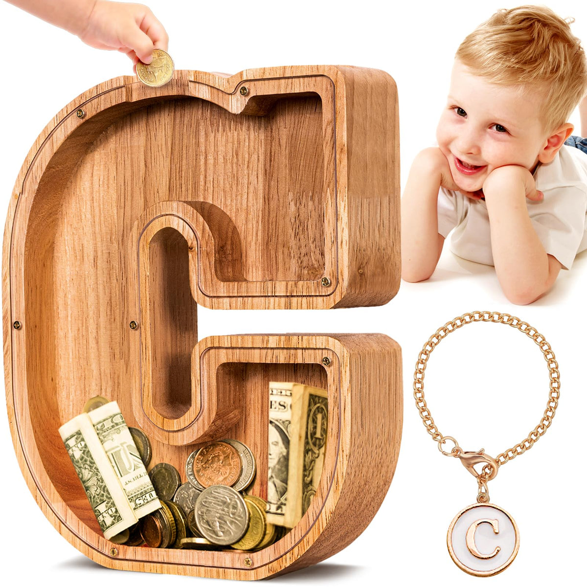 SummiDate wooden letter piggy bank front view with personalized initials for learning savings