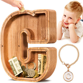 SummiDate wooden letter piggy bank front view with personalized initials for learning savings