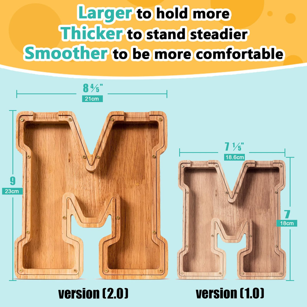 SummiDate wooden letter piggy bank initial detail showing personalized name options