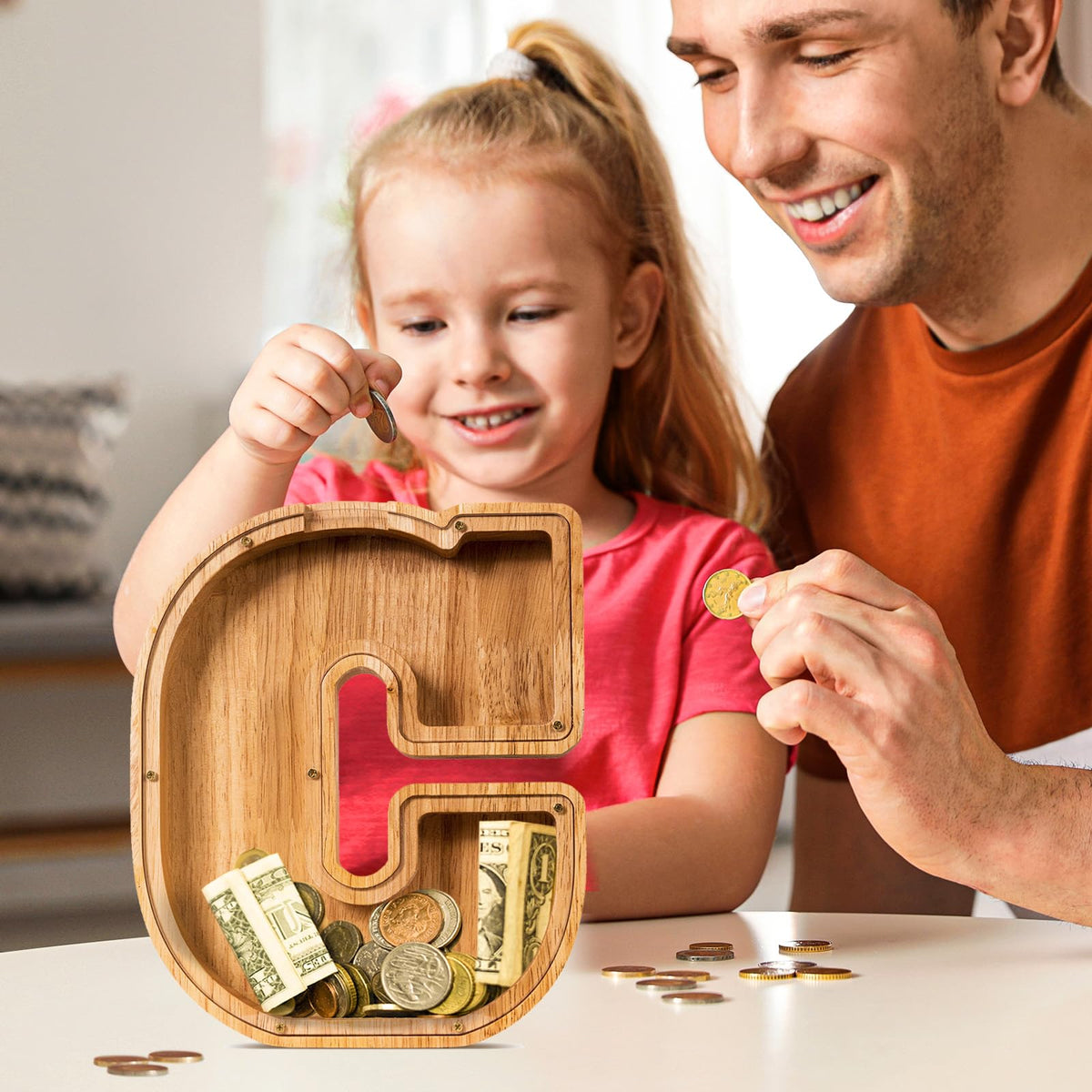 SummiDate wooden letter piggy bank kids use demonstrating kid-friendly design