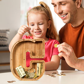 SummiDate wooden letter piggy bank kids use demonstrating kid-friendly design