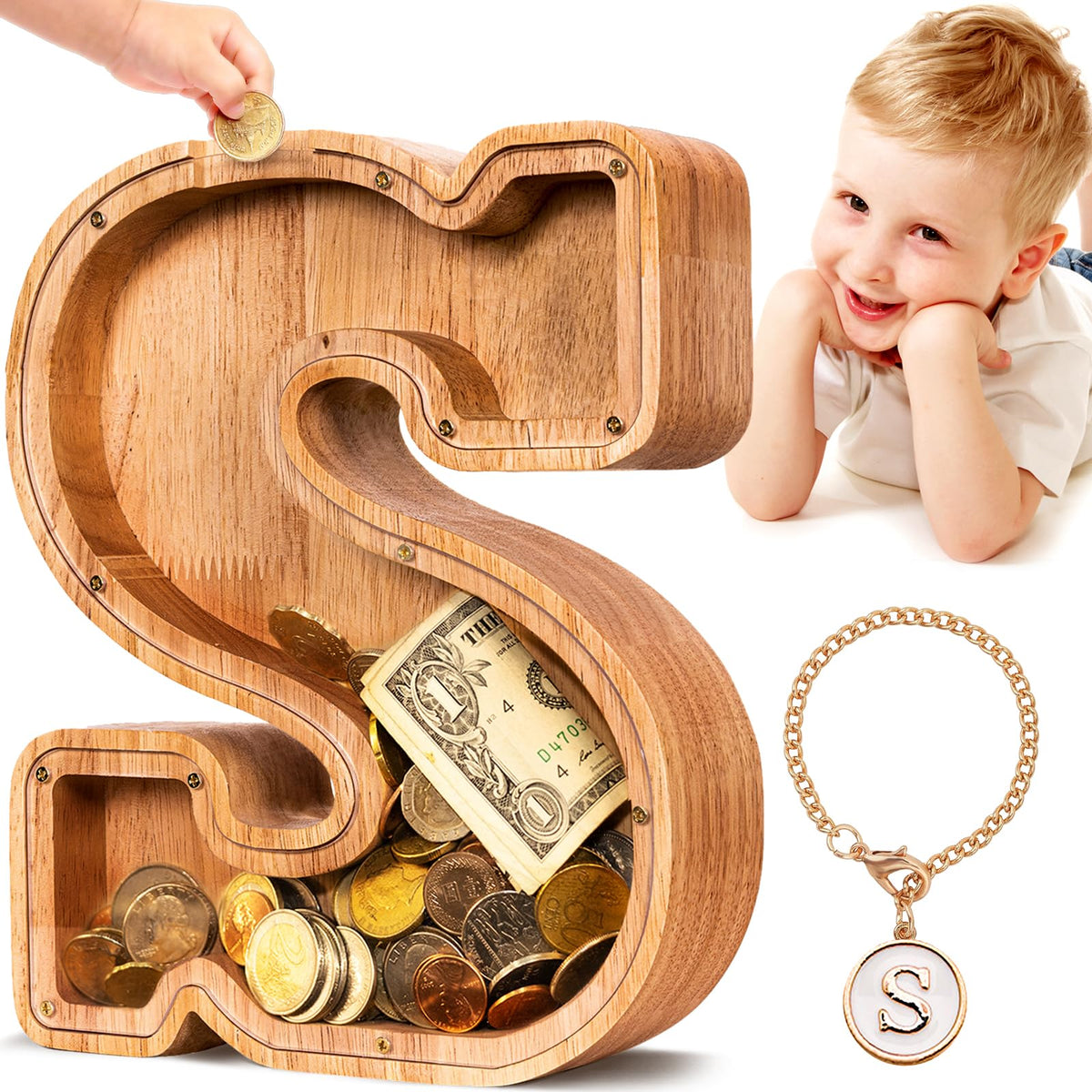 SummiDate wooden letter piggy bank for kids featuring initial design to inspire saving.