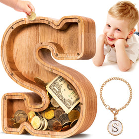 SummiDate wooden letter piggy bank for kids featuring initial design to inspire saving.