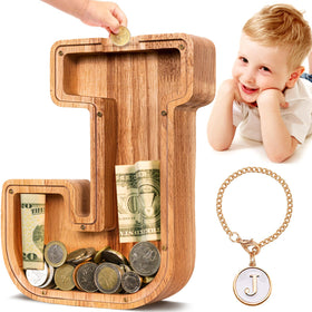 SummiDate wooden letter piggy bank for kids with safe, natural wood finish