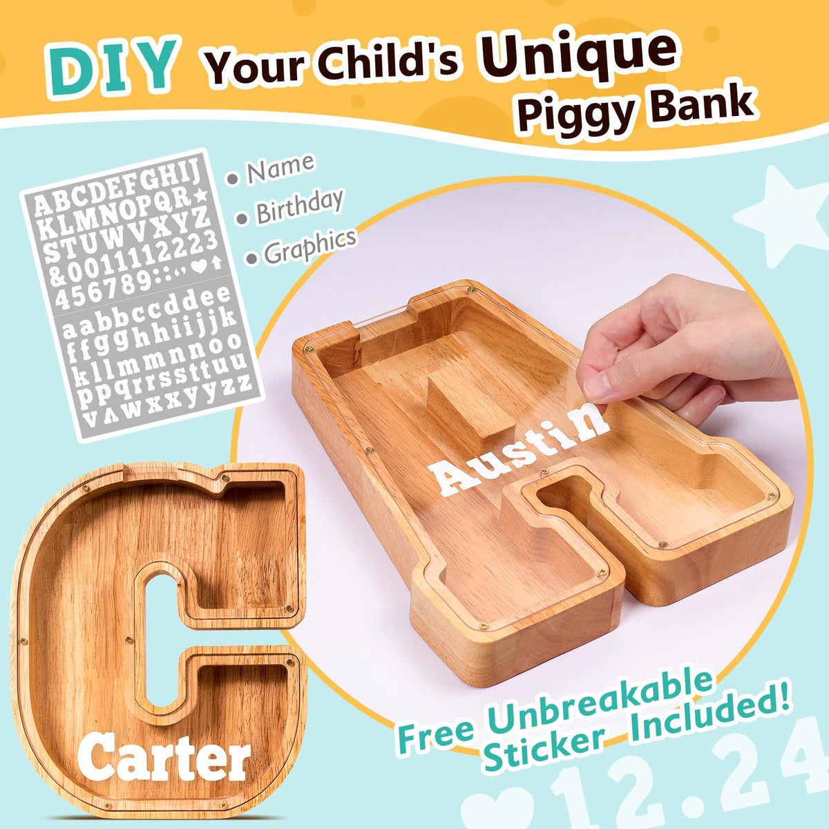 SummiDate wooden letter piggy bank open lid for easy access to coins
