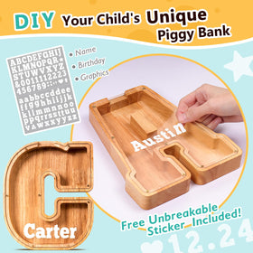 SummiDate wooden letter piggy bank open lid for easy access to coins