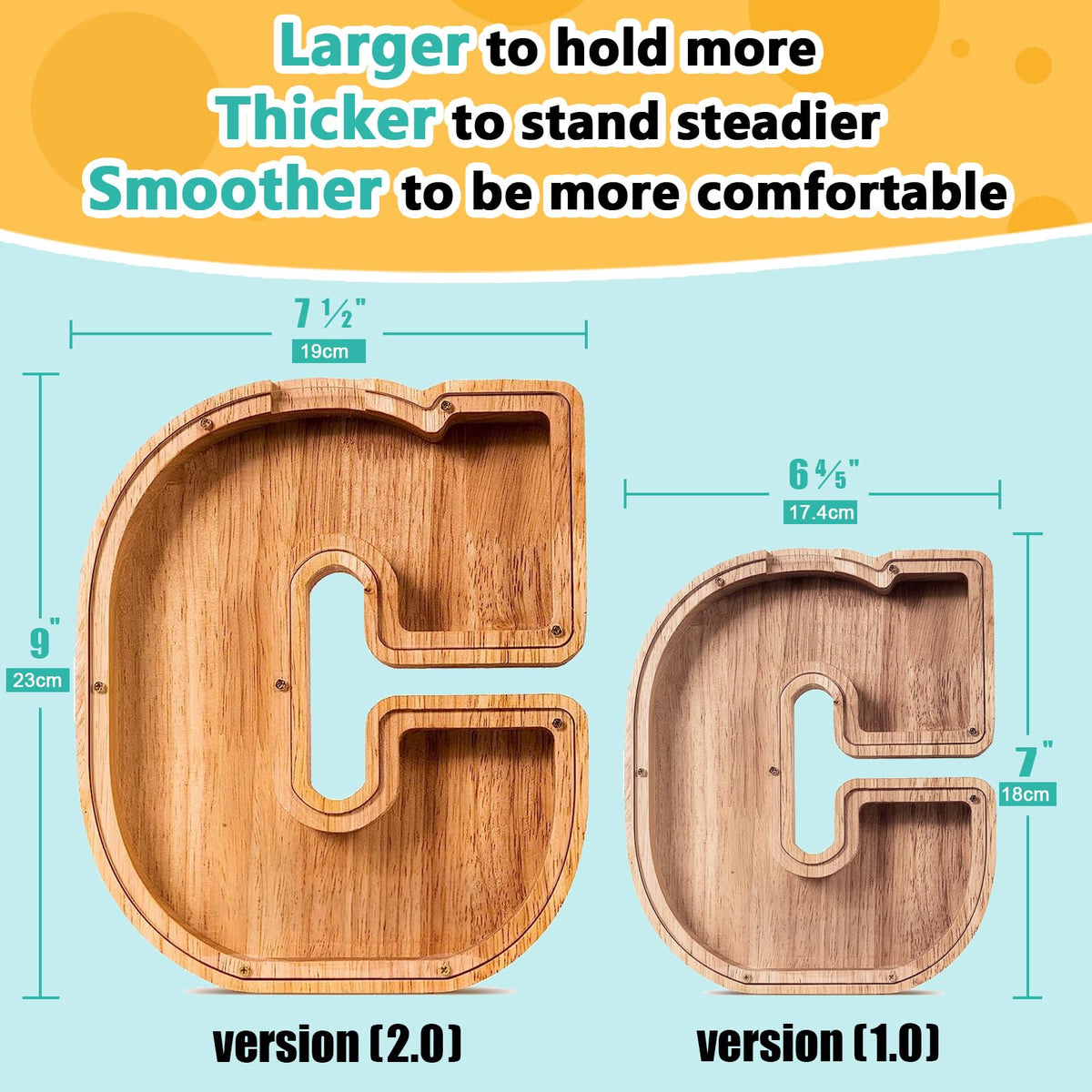 SummiDate wooden letter piggy bank side view highlighting storage capacity for coins