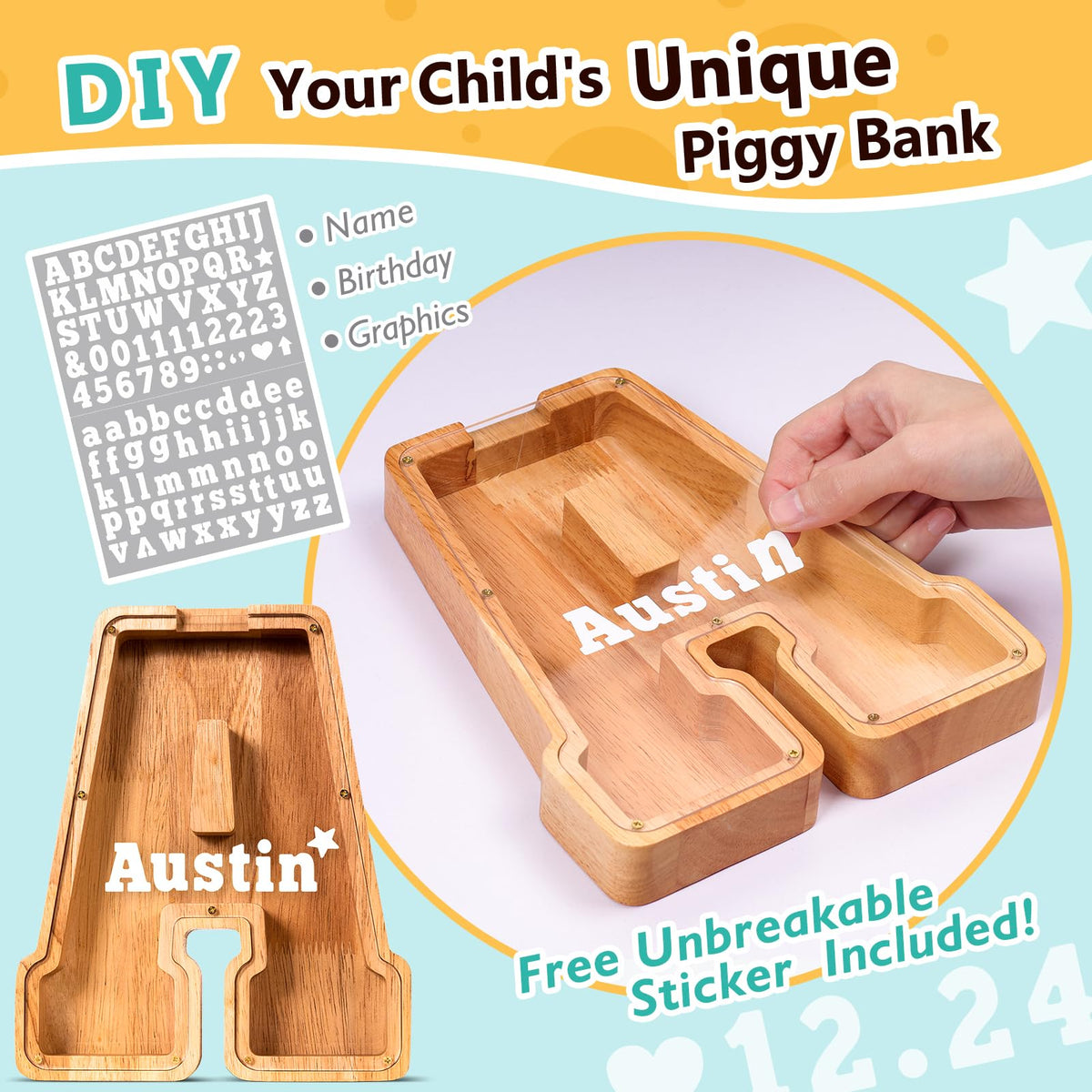 SummiDate wooden letter piggy bank thick base provides stable, kid-friendly display