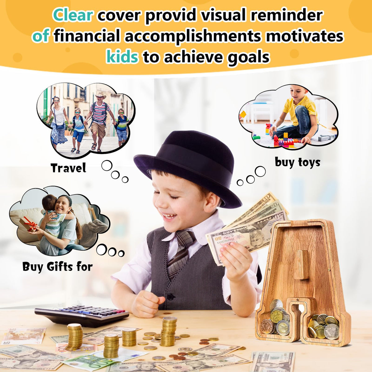 SummiDate piggy bank with transparent cover shows savings progress.