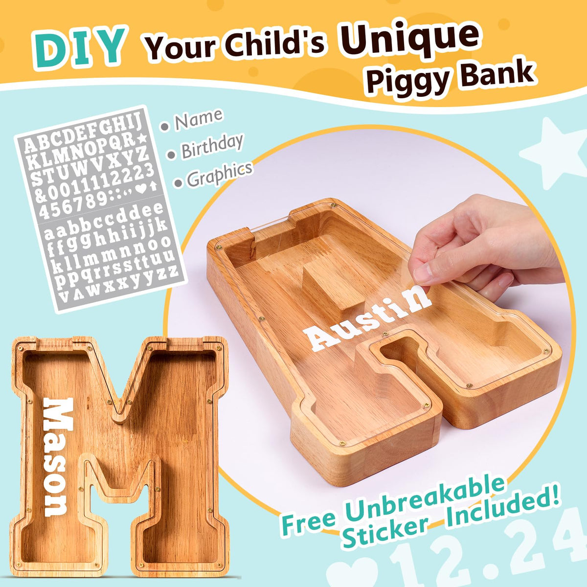 SummiDate wooden letter piggy bank with transparent panel to watch coins accumulate