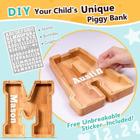 SummiDate wooden letter piggy bank with transparent panel to watch coins accumulate
