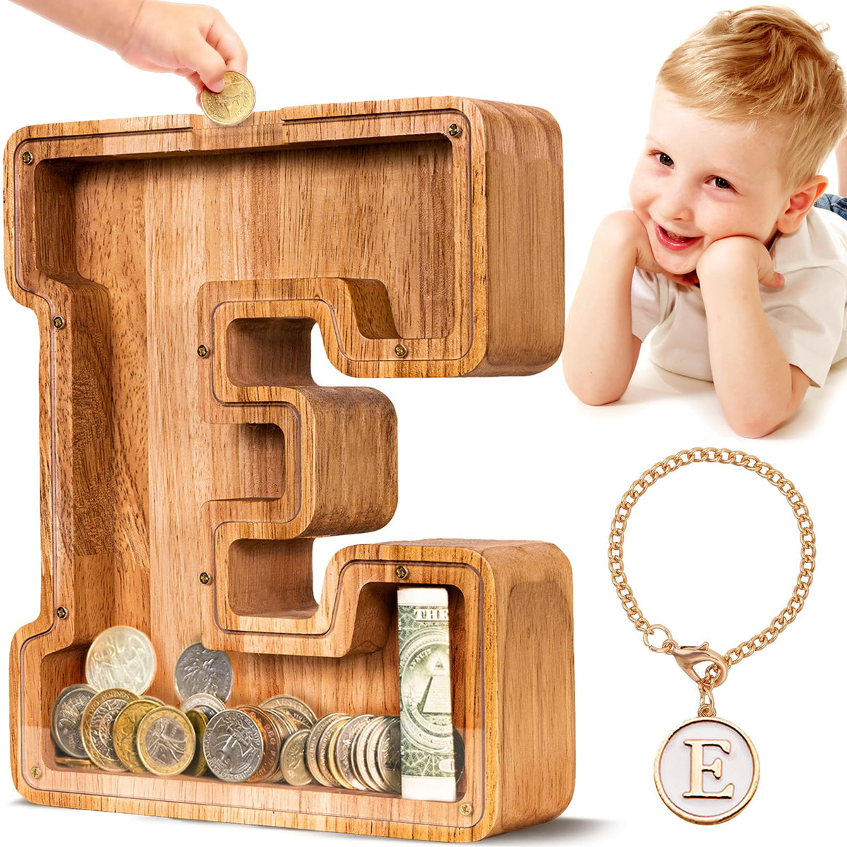 SummiDate wooden letter piggy bank showing natural wood grain and kid-friendly savings