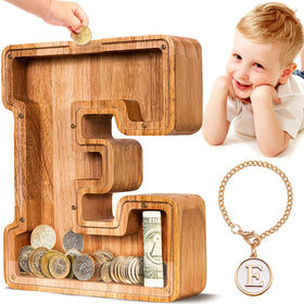 SummiDate wooden letter piggy bank showing natural wood grain and kid-friendly savings