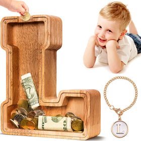 SummiDate wooden letter piggy bank with a sturdy build for kids' savings.