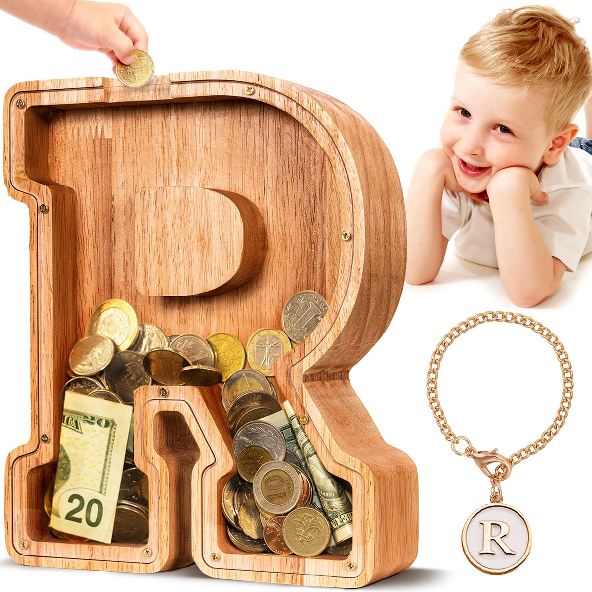 Summidate wooden piggy bank with alphabet design to inspire early savings habits.