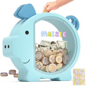 Summidate wooden piggy bank with classic design in blue, ideal for starting savings