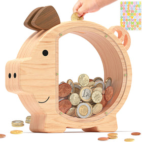 Summidate wooden piggy bank with clear window showing savings growth.