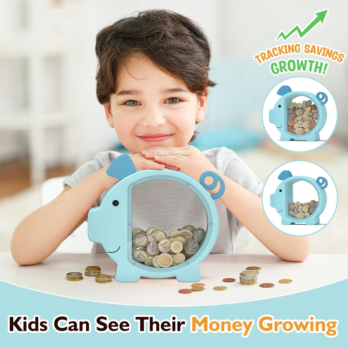 Summidate wooden piggy bank with transparent progress shows savings growth