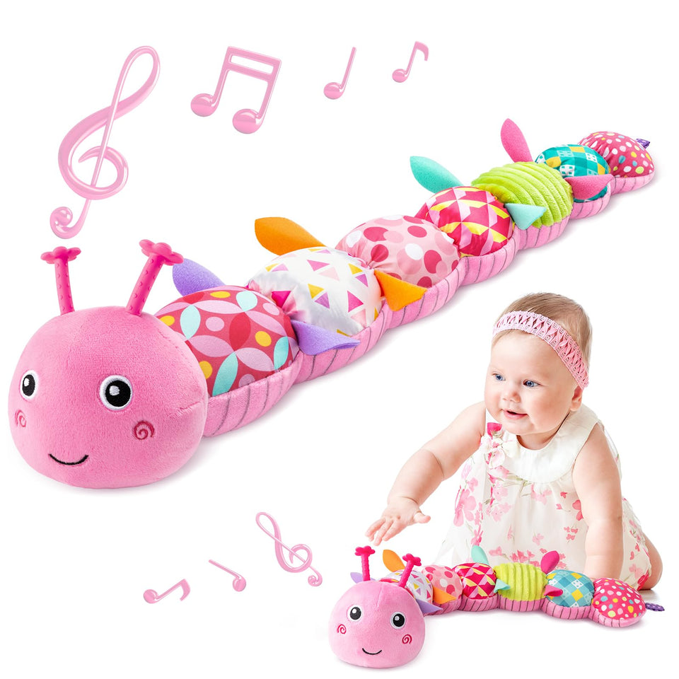 Sumobaby Caterpillar plush back shows colors and textures to spark tactile and visual exploration.