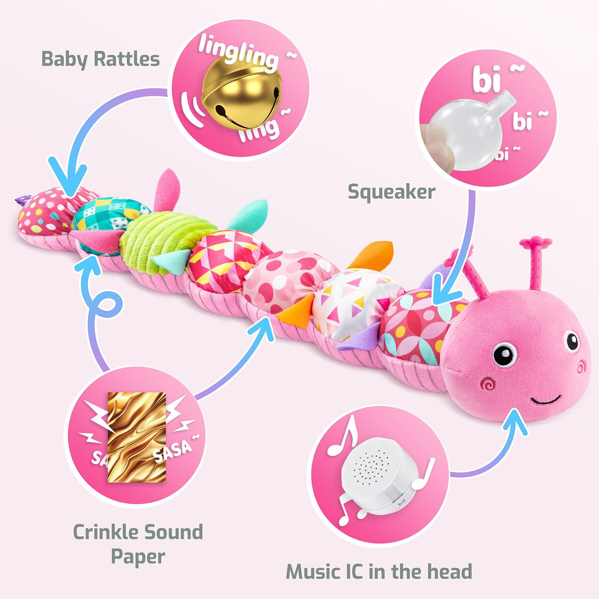 Sumobaby Caterpillar back includes crinkle pages and squeaks for auditory texture.