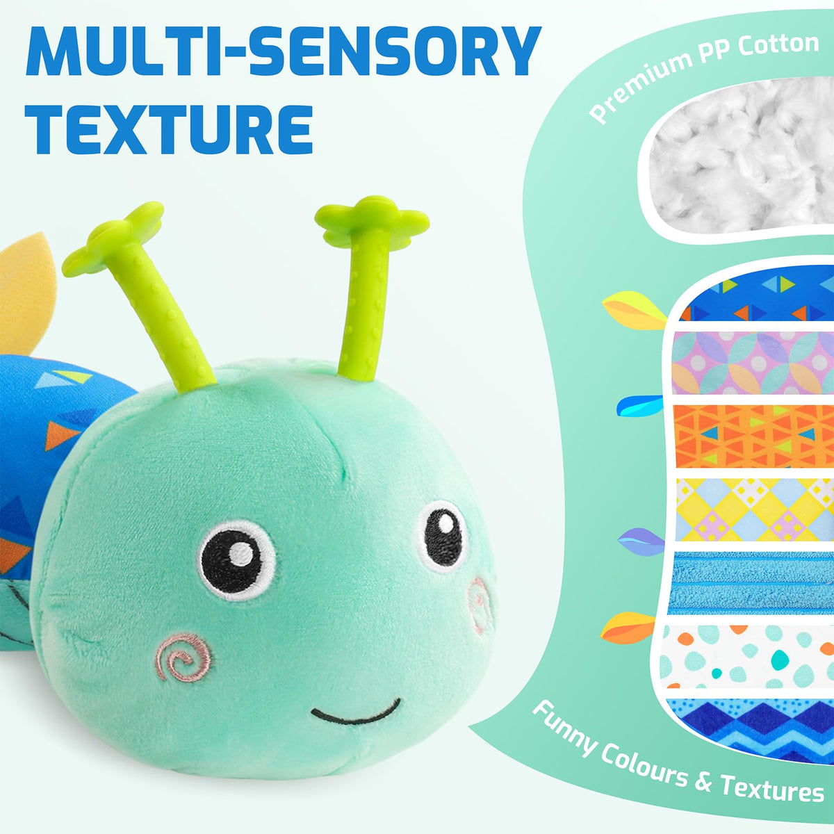 Sumobaby Caterpillar multicolor body supports visual development during tummy time.