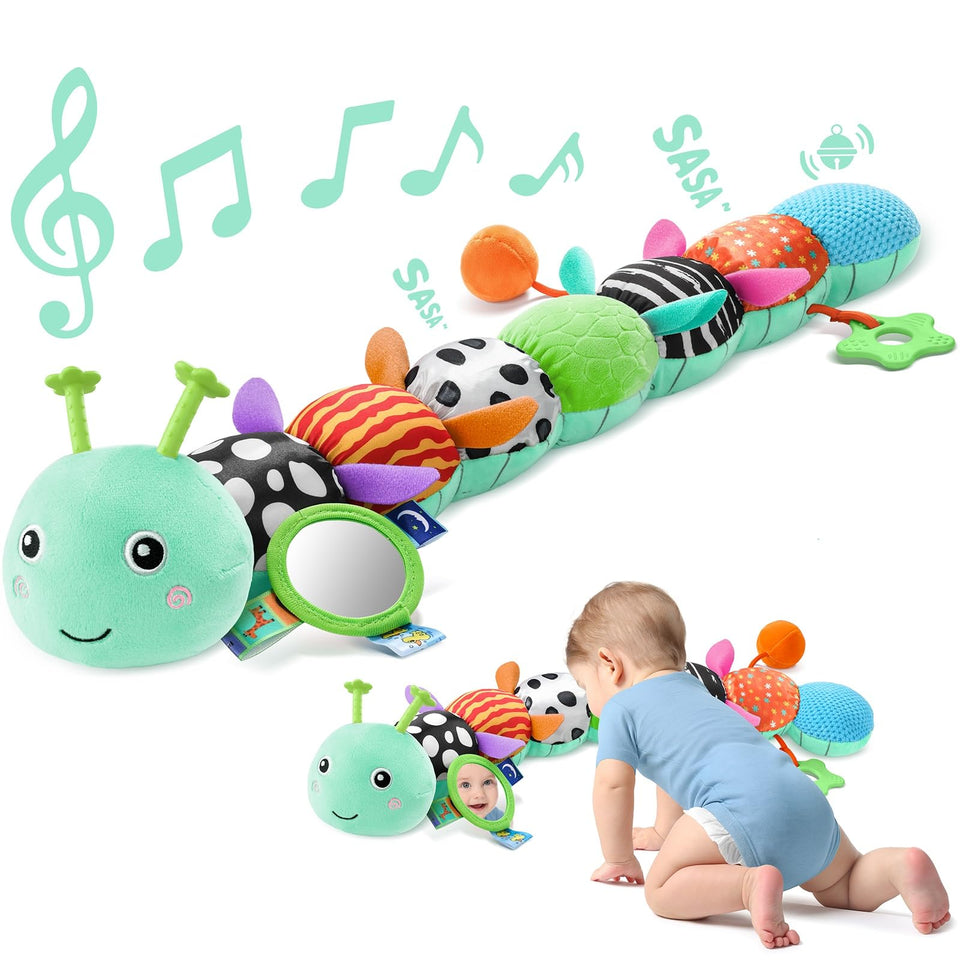 Sumobaby Caterpillar music toy with blue leaf for soothing melodies and sensory play.