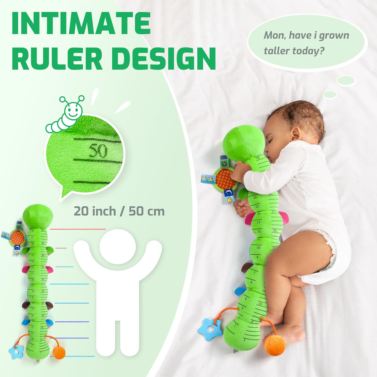 Sumobaby caterpillar growth ruler tracks baby height during play.