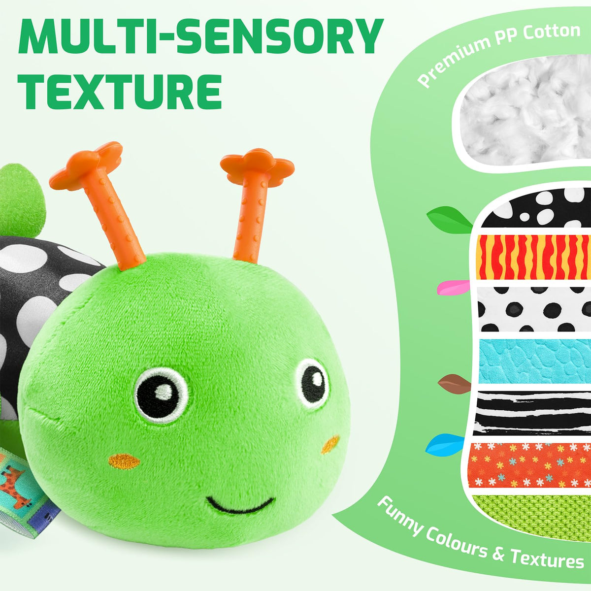 Sumobaby caterpillar toy plays melody to support early listening skills.