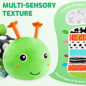 Sumobaby caterpillar toy plays melody to support early listening skills.