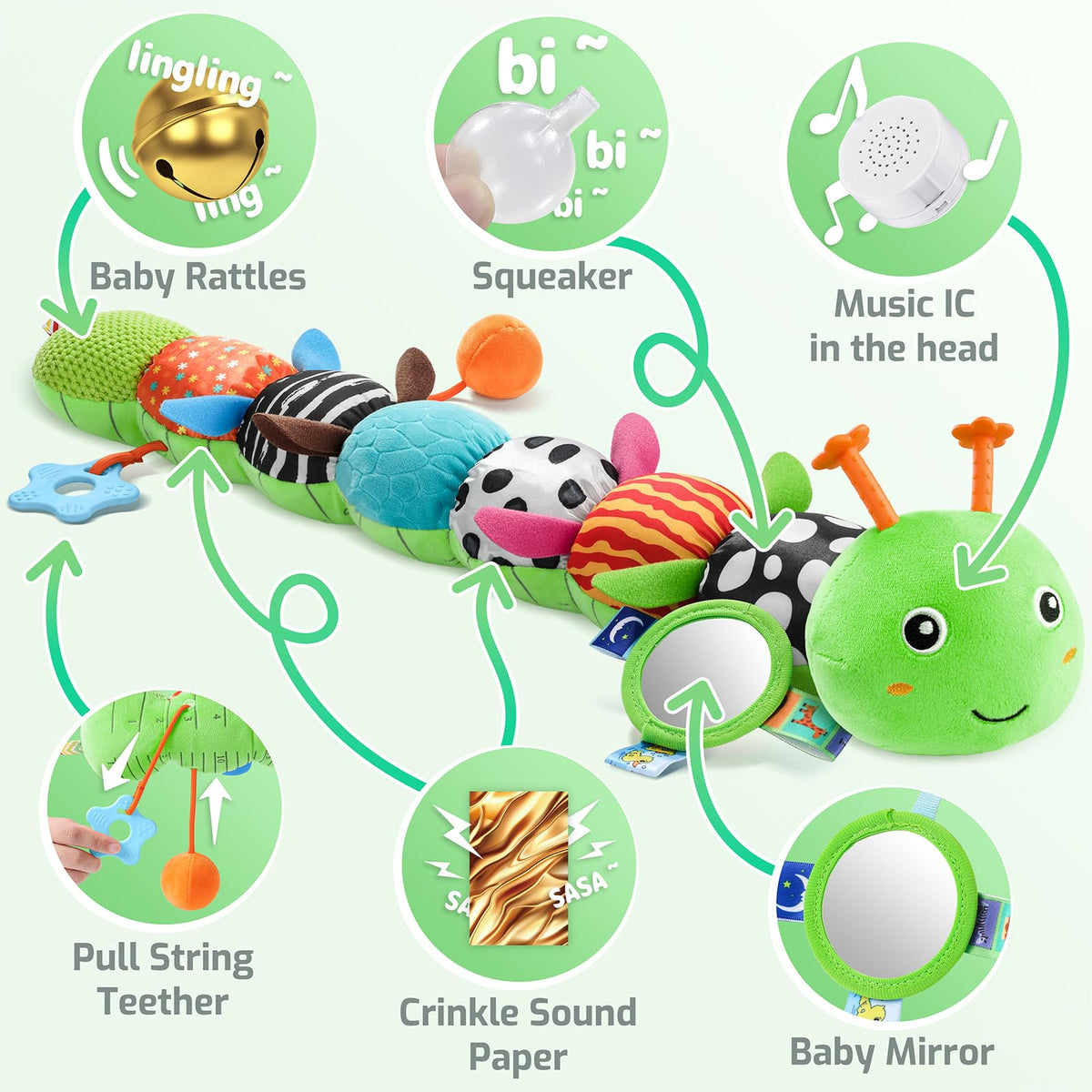 Sumobaby caterpillar toy features pull-string for fine motor play.
