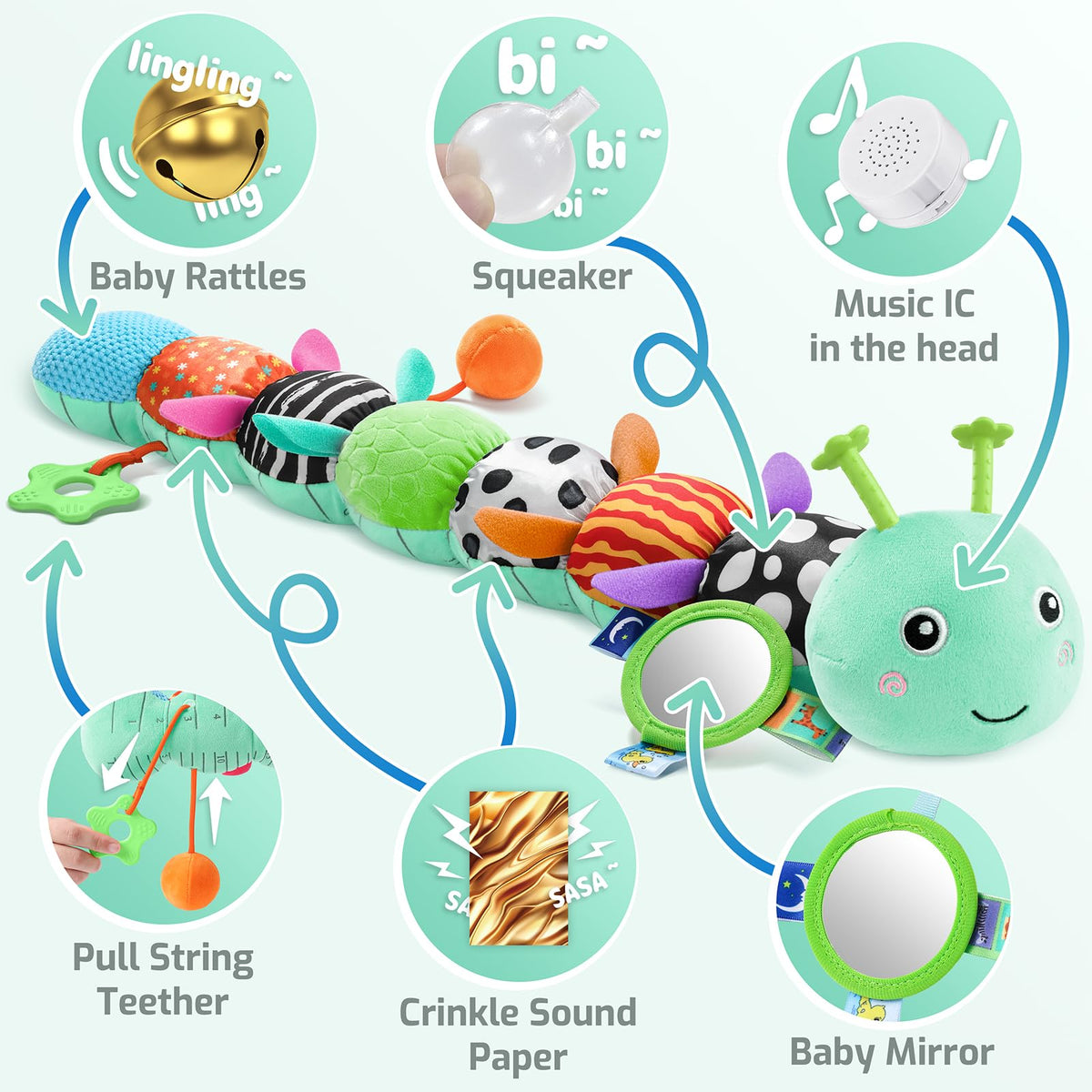 Sumobaby pull-string and crinkle tail feature to build hand-eye coordination.