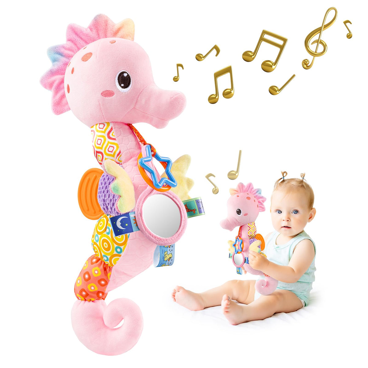 Sumobaby Seahorse musical toy front view, engaging senses during play