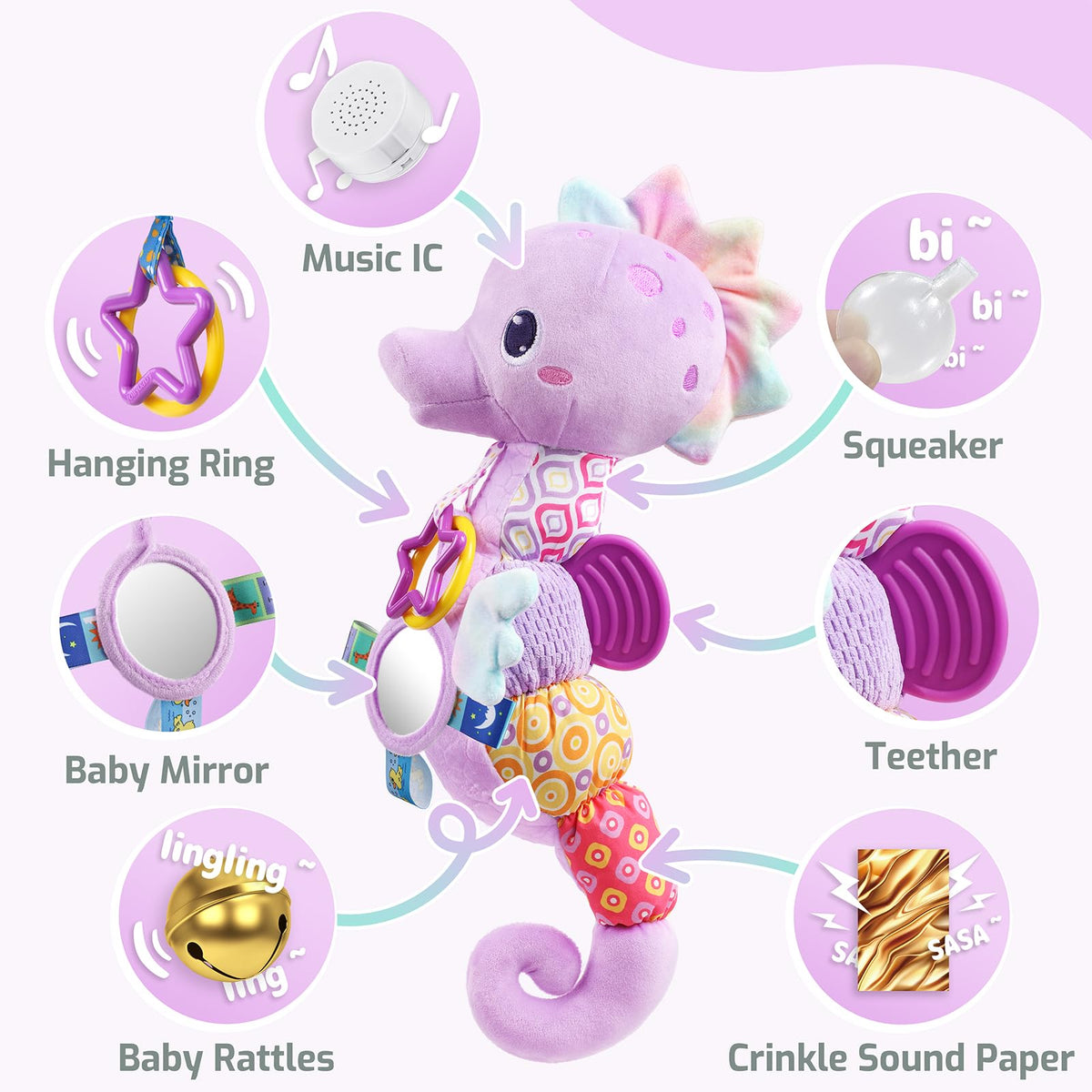 Sumobaby Seahorse head with music box encourages auditory play and focus.