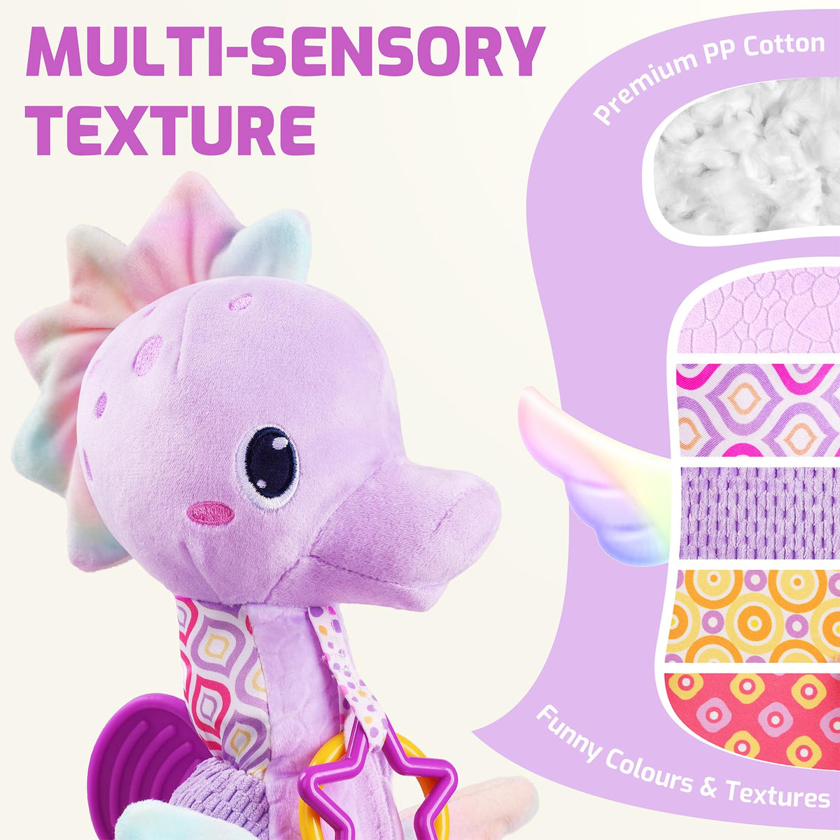 Sumobaby Seahorse back textures invite tactile exploration for sensory development.