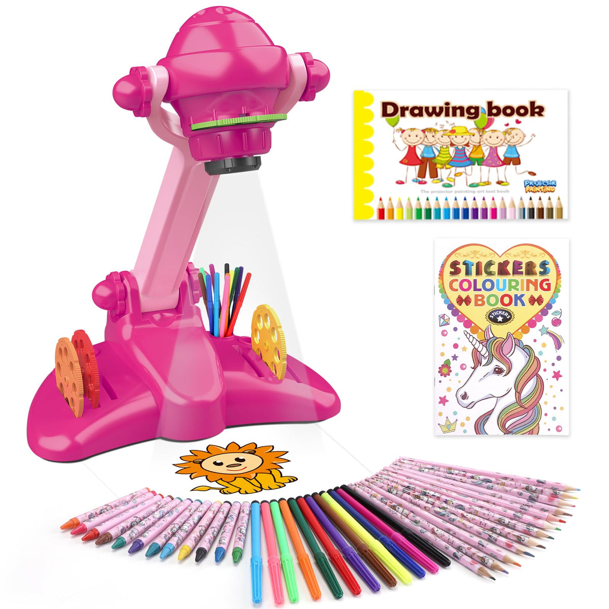 Sumsoltic Drawing Projector pink kit cover shows a vibrant setup for kids' tracing fun.