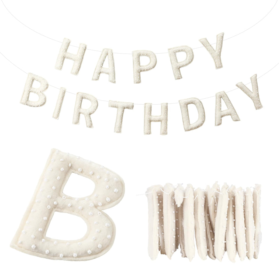Suncalla boho Happy Birthday banner closeup with textured felt and pearl accents