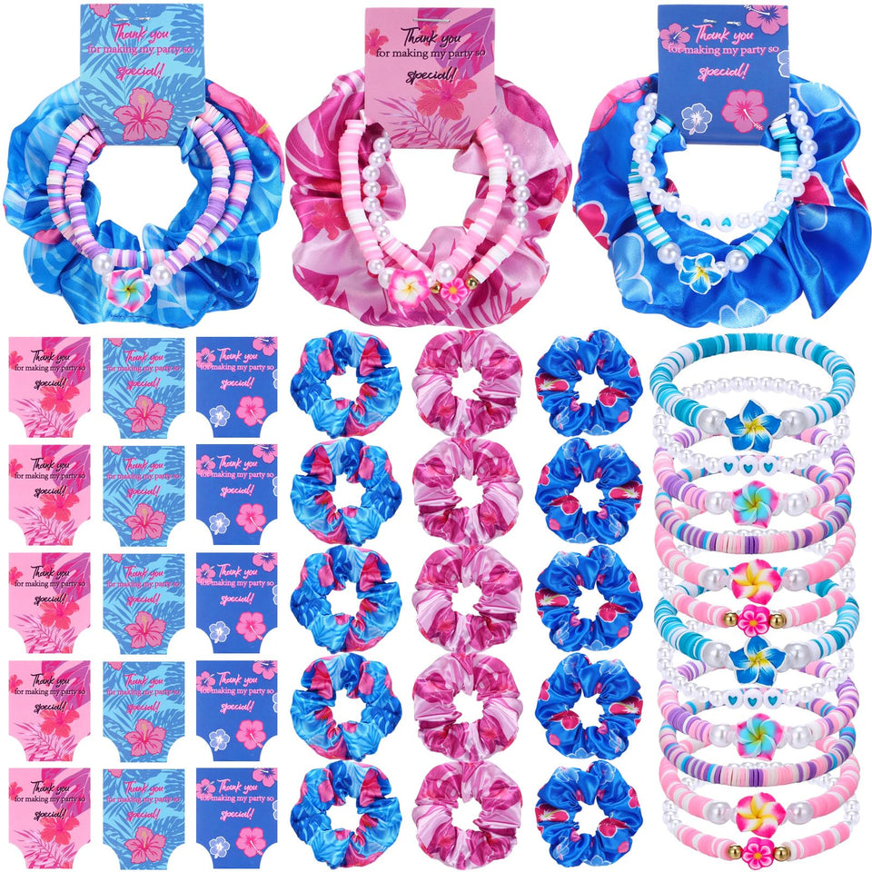Suncalla Hawaiian Bohemia bracelet and scrunchie set in pink and blue for vibrant party looks