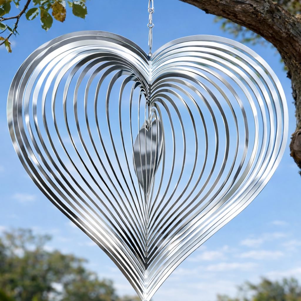 SUNCKET wind spinner heart 12-inch, adds timeless focal point to gardens with reflective shine.
