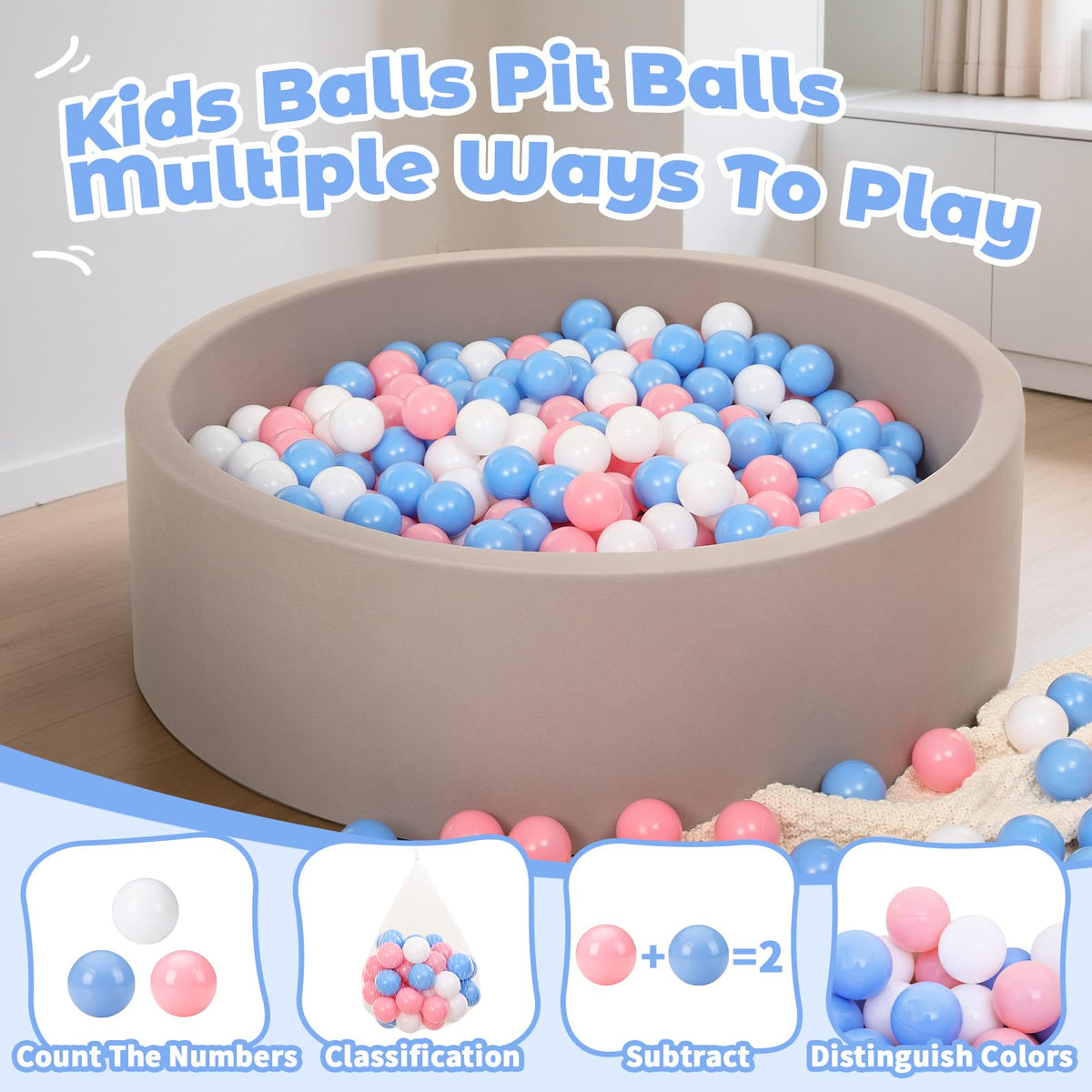 Suncuber pink-white-blue balls support early motor skills and hand-eye coordination.