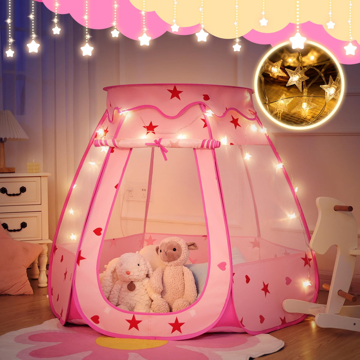 Suncuber pop-up princess tent door opening for easy access during pretend play