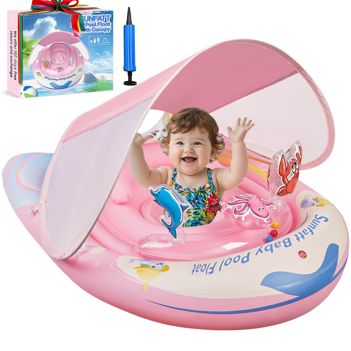SUNFATT baby float with canopy for sun protection and safe play.