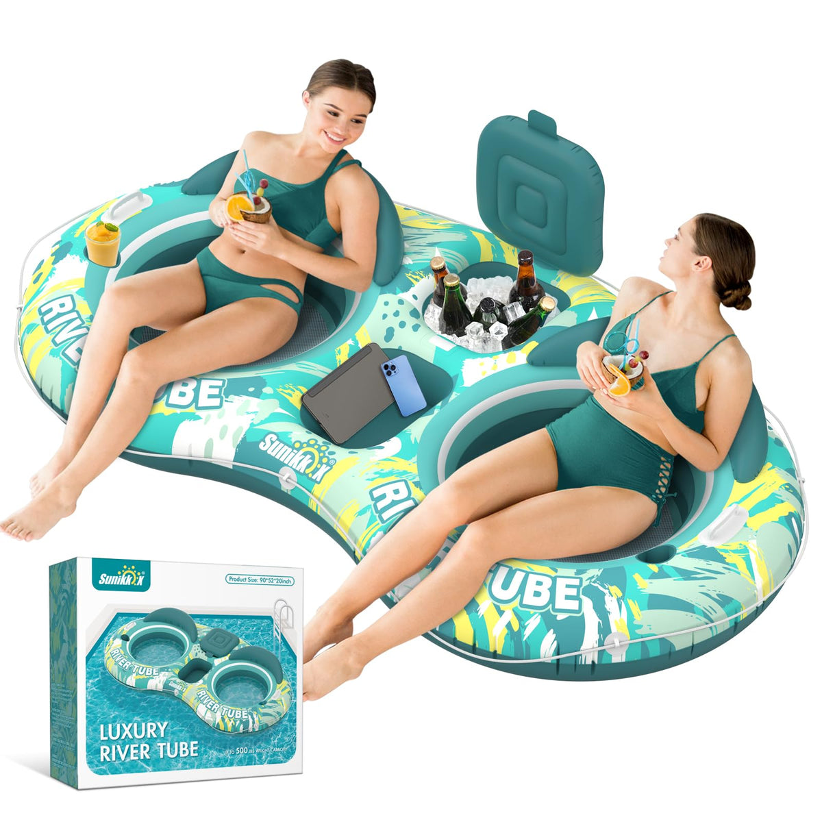 Sunikko X 5-in-1 pool floats offering two-person lounge with built-in cooler.