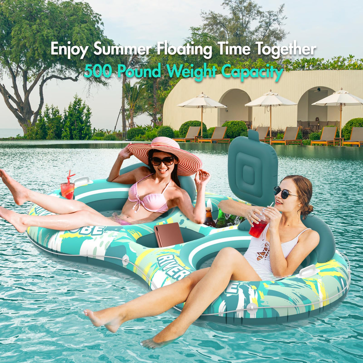 Sunikko X float showing built-in cooler shelf and cup holders for beverages.