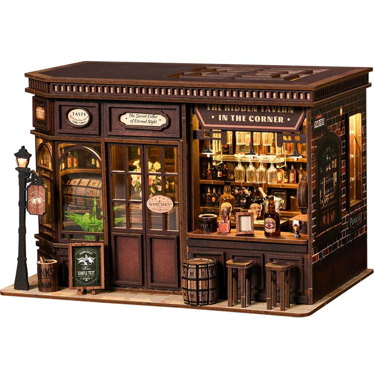 SUNNINO Book Nook Kit pub diorama highlights nostalgic charm on shelves.