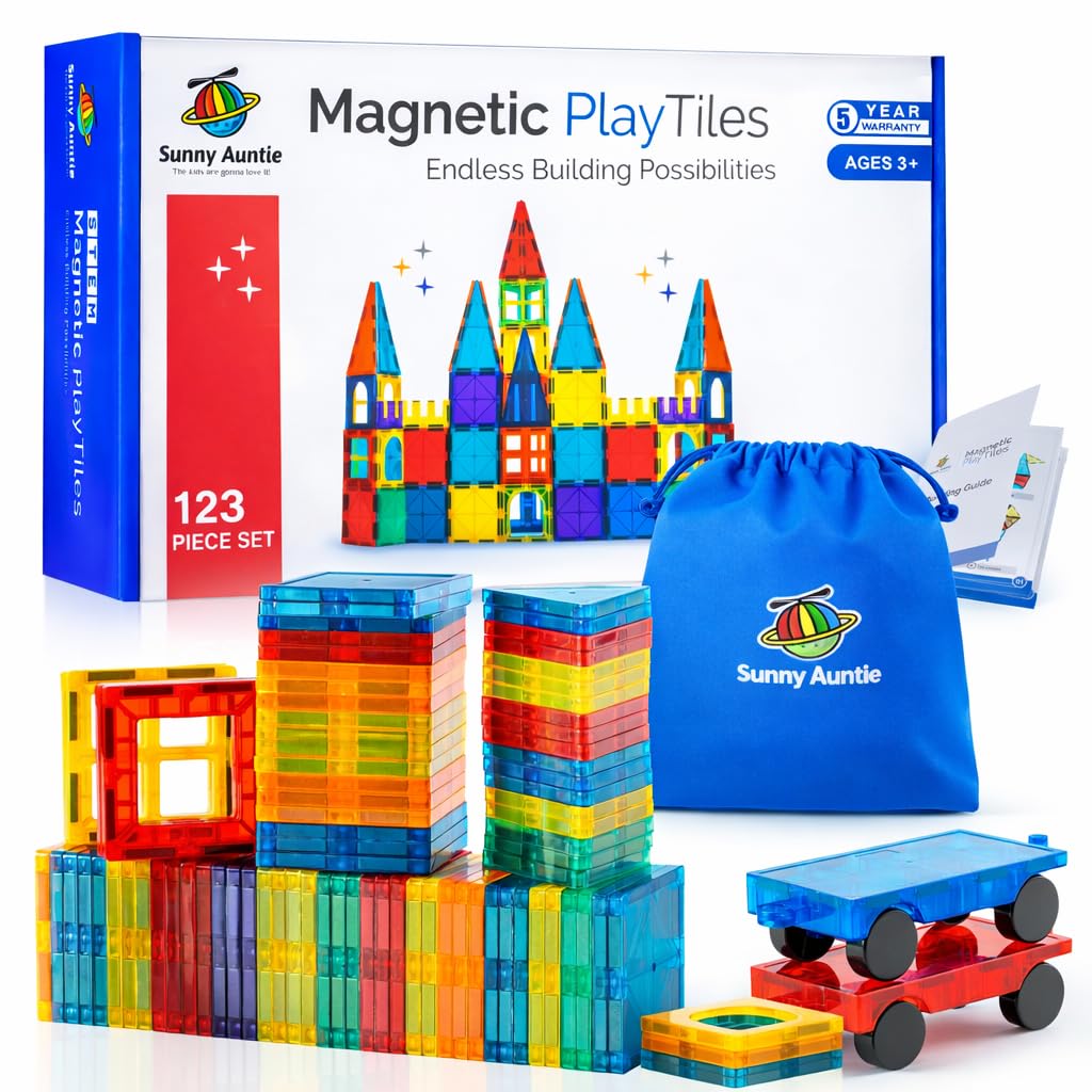 Sunny Auntie Magnetic Tiles 123 PCS set for creative, screen-free building fun