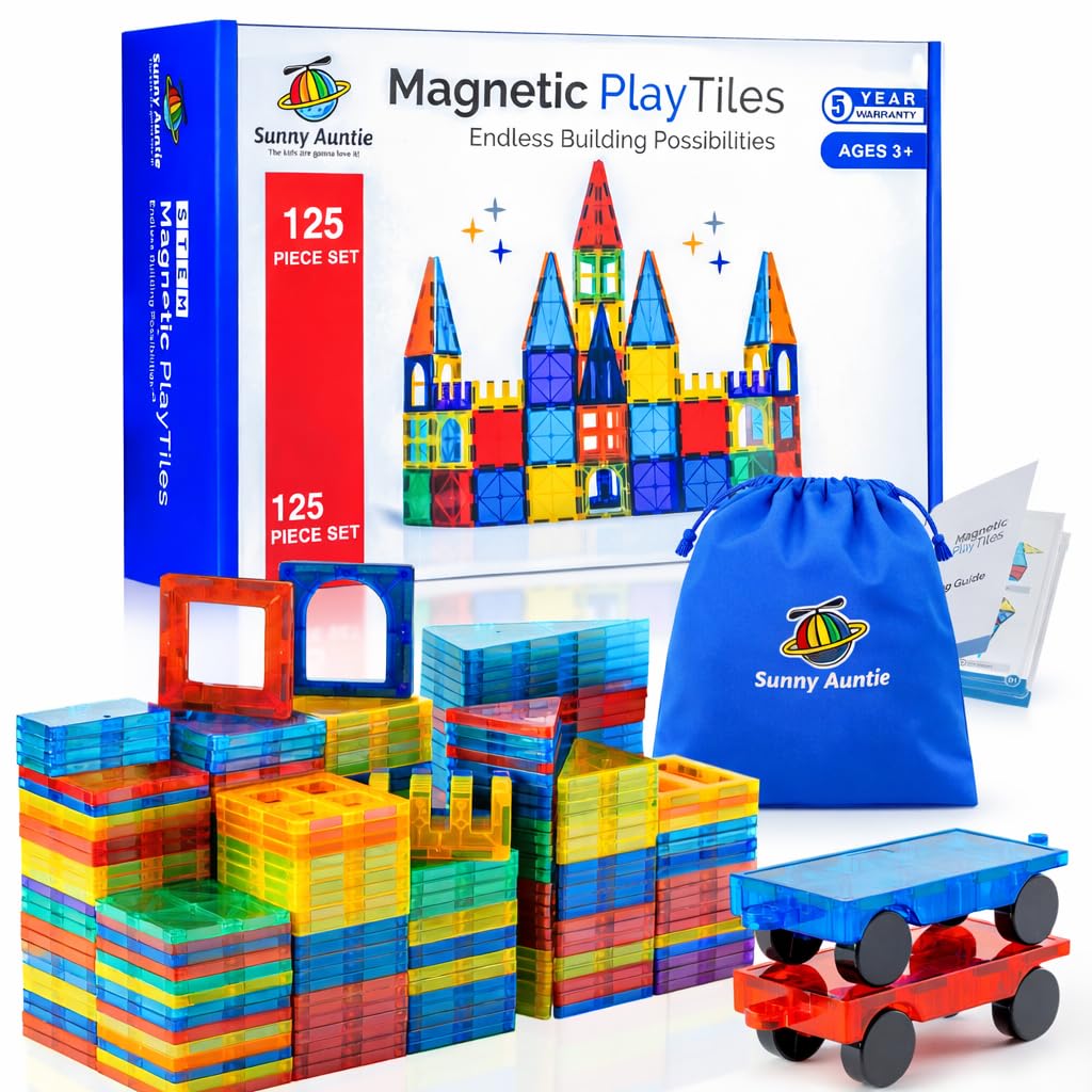 Sunny Auntie magnetic tiles 125-pcs set with storage bag for organized play.
