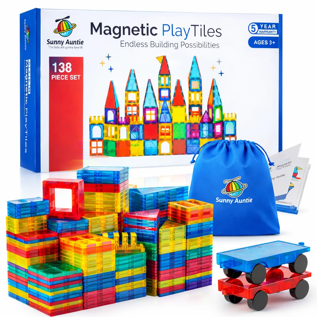 Sunny Auntie 138-piece magnetic tiles set with storage bag for organized play