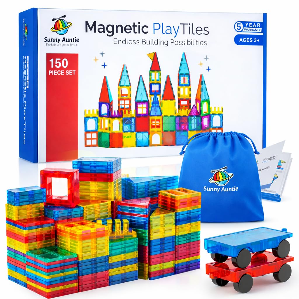 Sunny Auntie magnetic tiles 150-piece xl set enable colorful, imaginative STEM building.