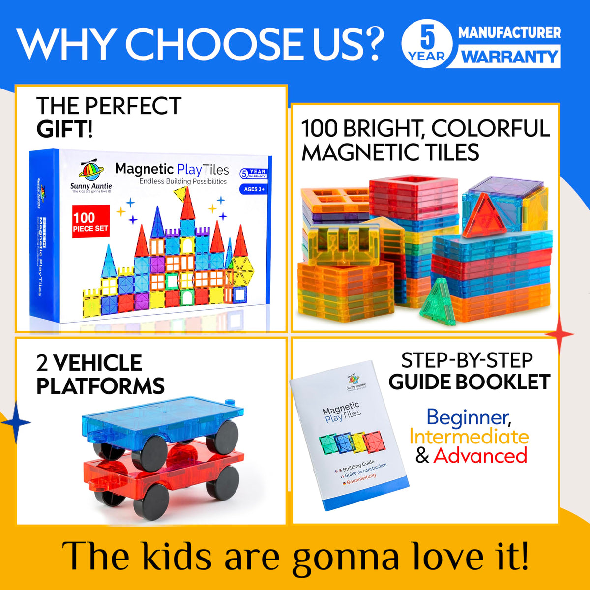 Sunny Auntie Magnetic Tiles with 2 cars included for quick builds.