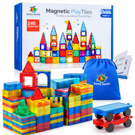 Sunny Auntie Magnetic Tiles 240 PCS XL Set with colorful tiles and storage bag for organized play.